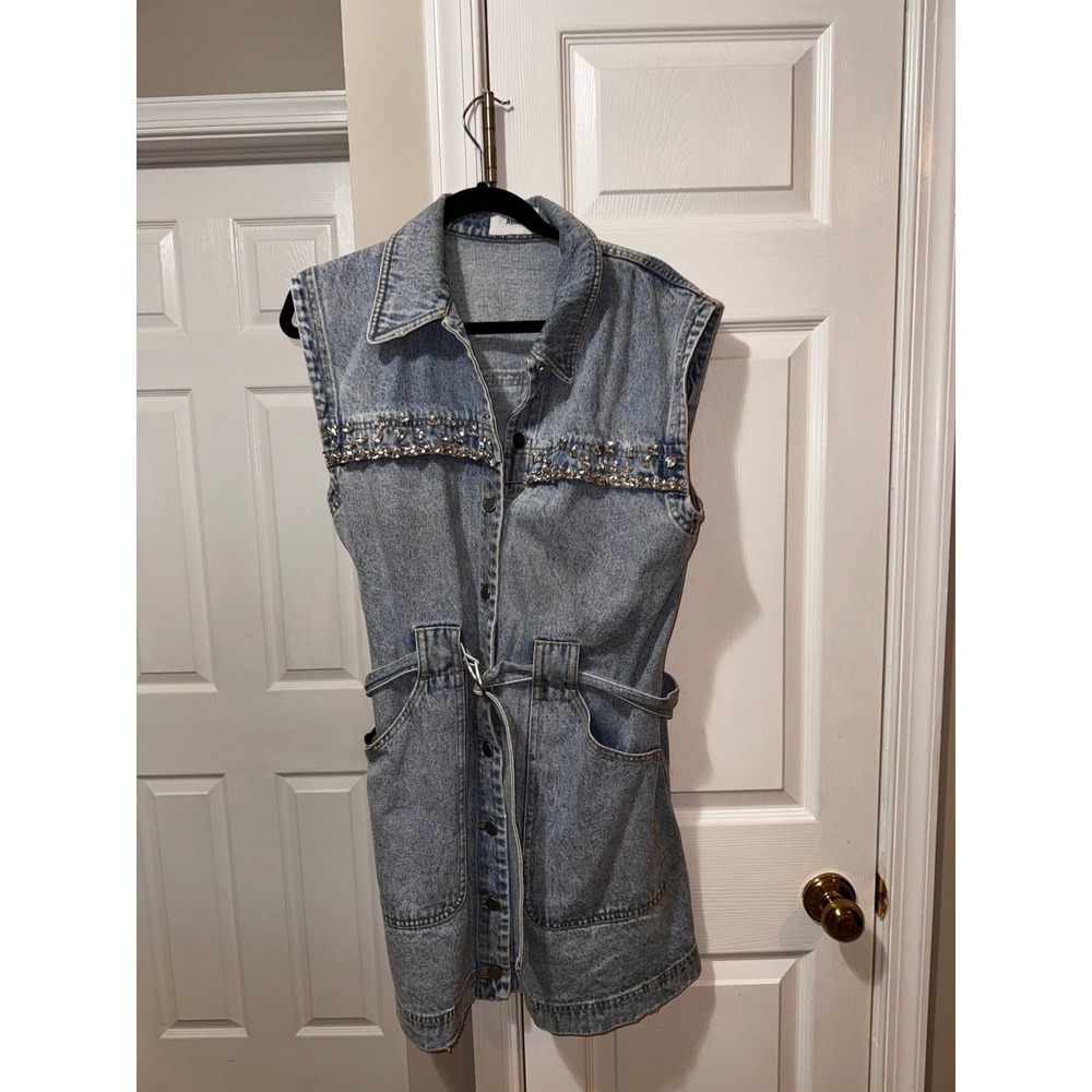 ACLER Sleeveless Denim Dress Embellished Belted Shirt Dress Mini - Picture 6 of 12